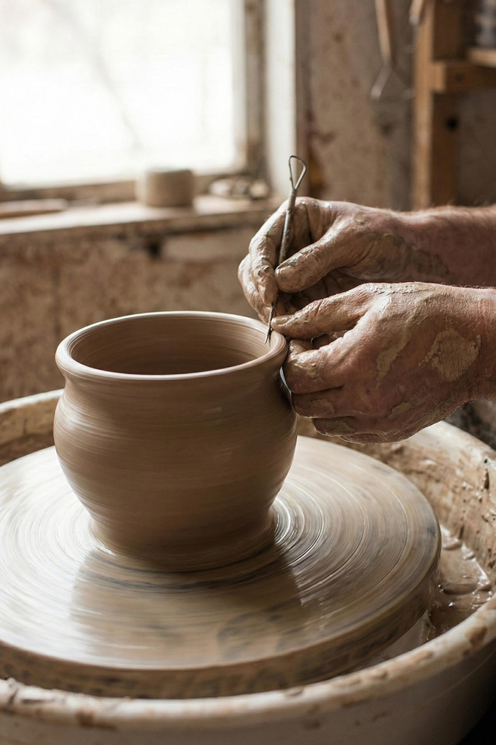 Manos de un alfarero moldeando una pieza de barro en un torno tradicional en la zona de Sober.