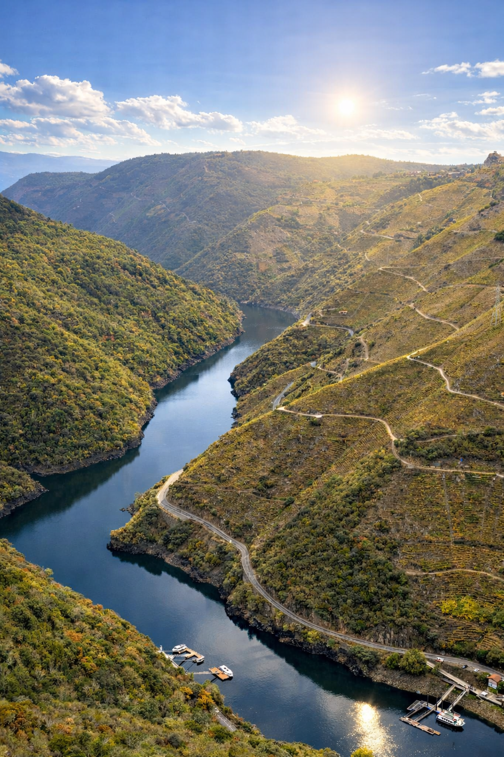 Vistas panorámicas del Cañón del Río Sil con viñedos heroicos en la Ribeira Sacra al atardecer.