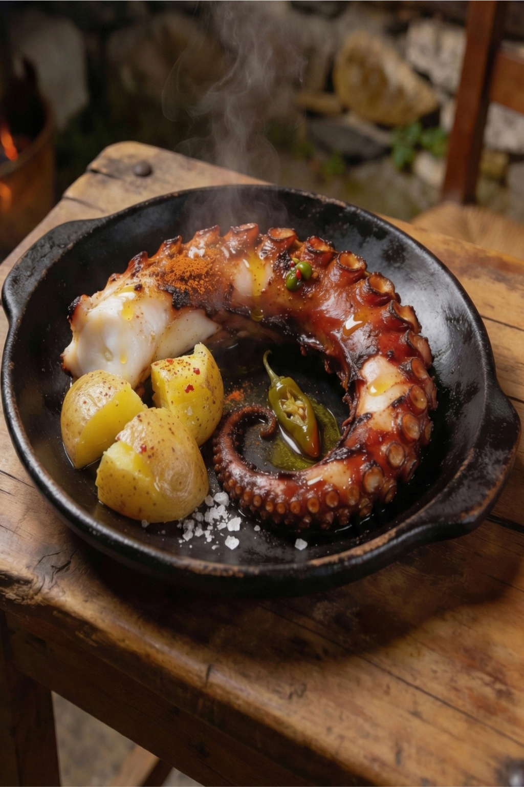 Plato tradicional de pulpo á feira servido en una taberna con encanto de la Ribeira Sacra.