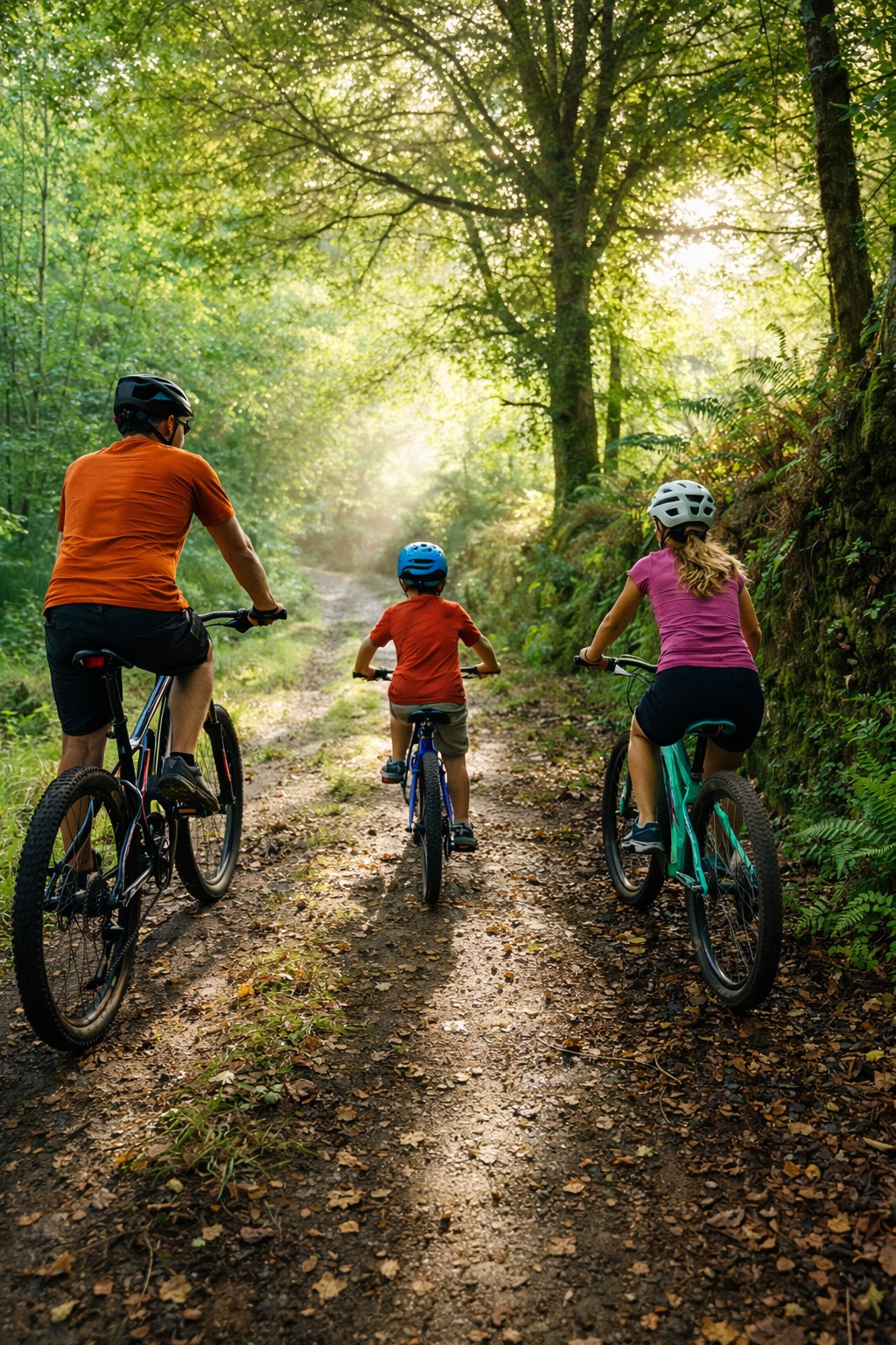 Grupo de ciclistas de montaña recorriendo un sendero boscoso en la zona de Sober, Ribeira Sacra.
