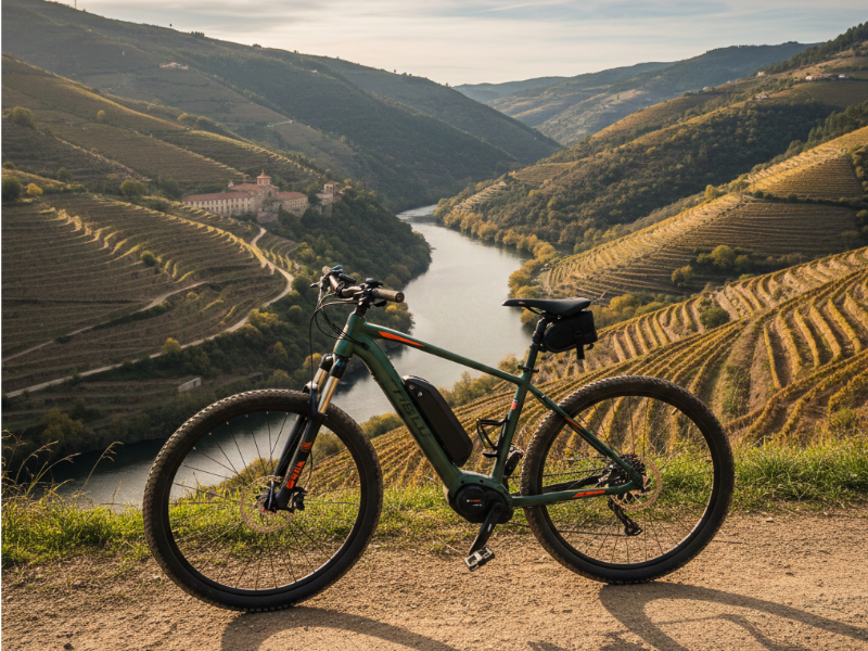 Bicicleta eléctrica de montaña en una ruta panorámica.