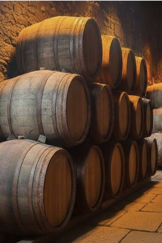 Barricas de roble en una bodega tradicional para envejecer vino Mencía en la Ribeira Sacra.