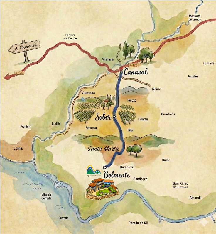 Mapa ilustrado con las indicaciones de cómo llegar a Apartamentos Río Sil en Bolmente, ayuntamiento de Sober.