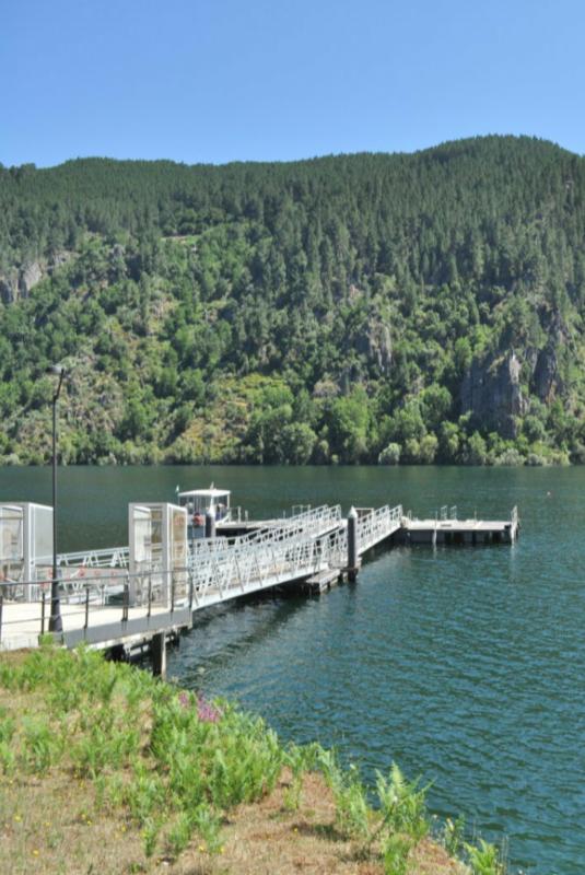 Catamarán partiendo del embarcadero de Santo Estevo en el río Sil.