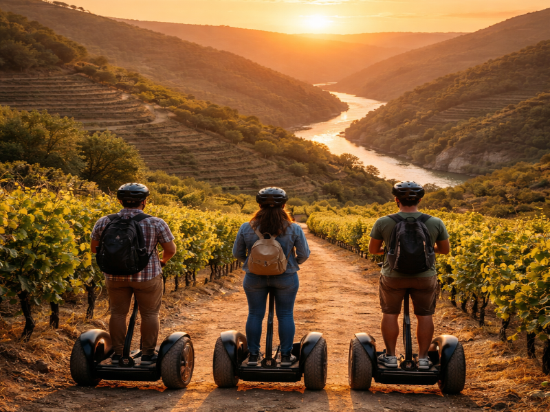 Grupo de personas en segway recorriendo los viñedos.
