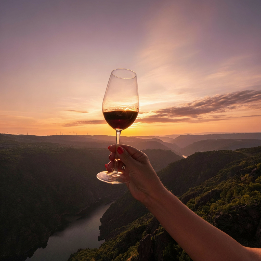 Brindis con vino D.O. Ribeira Sacra durante un atardecer en los famosos viñedos heroicos de Sober.