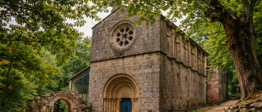 Fachada y entorno del histórico Monasterio románico de Santa Cristina de Rivas del Sil en la Ribeira Sacra.