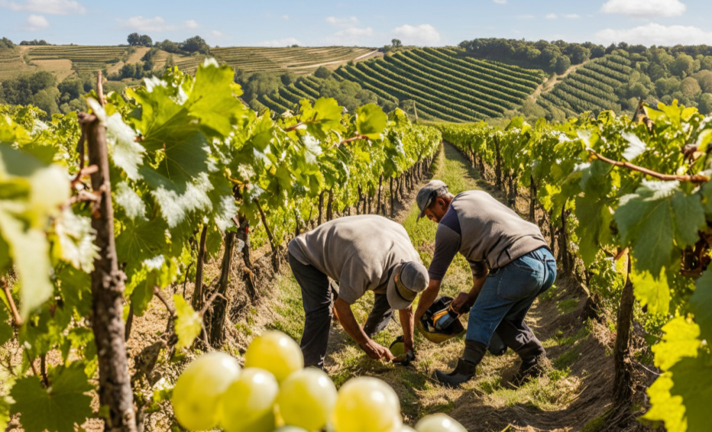 Viñedos en bancales o "socalcos" sostenidos por muros de piedra sobre el río Sil, viticultura heroica.