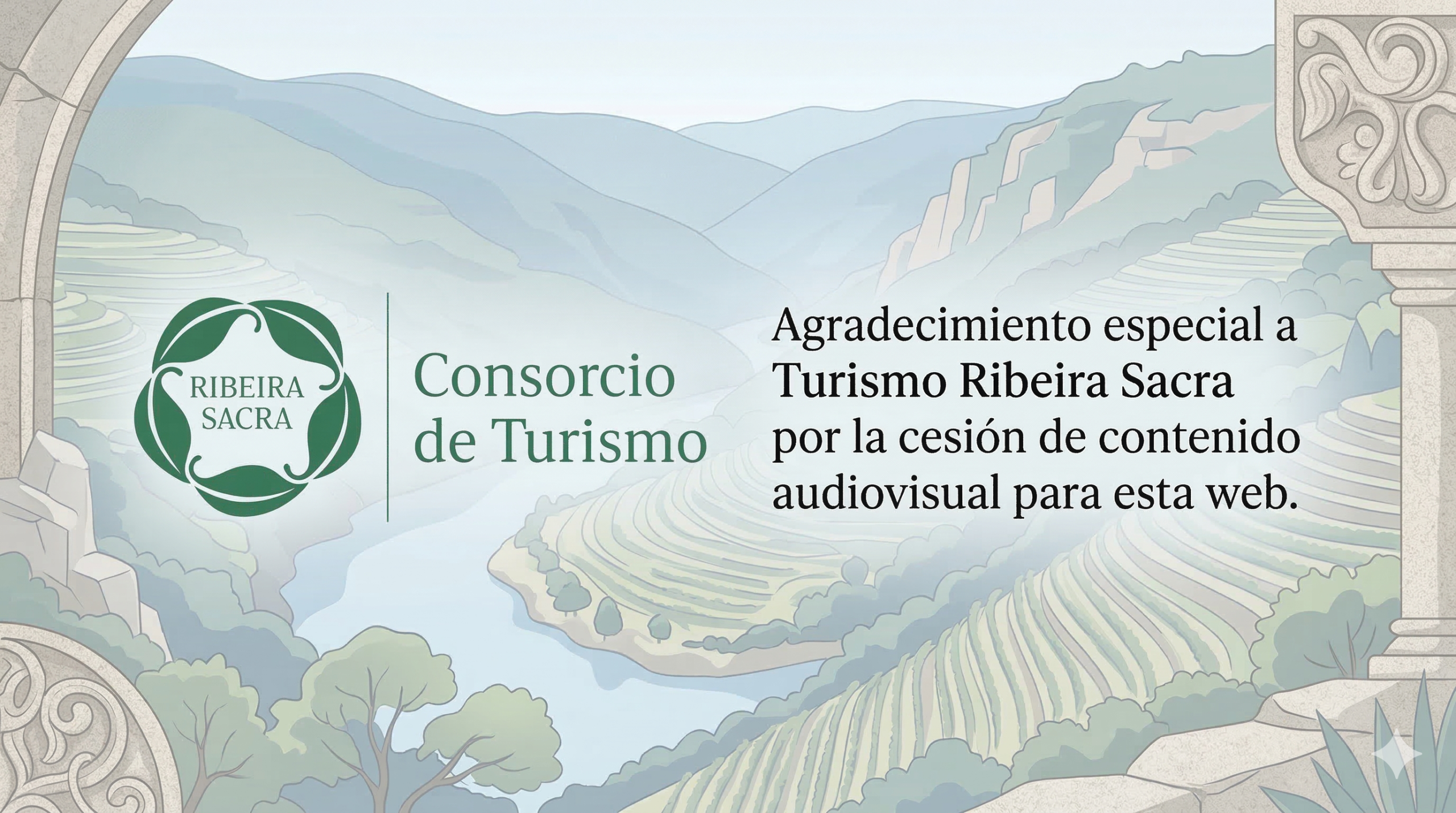 Logotipo del Consorcio de Turismo Ribeira Sacra con texto de agradecimiento por la cesión de material audiovisual para Apartamentos Río Sil.