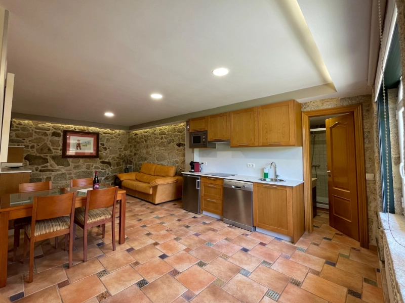 Salón comedor con muros de piedra vista y esencia rústica en el Apartamento Xábrega en la Ribeira Sacra.