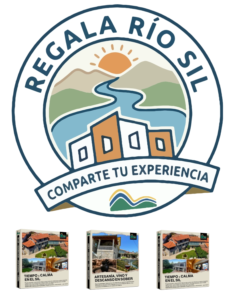 Sección de Regala Río Sil mostrando el logotipo de packs regalo y bonos para experiencias rurales con vino y productos locales de la Ribeira Sacra.