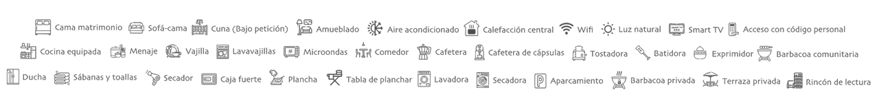 Listado de servicios en Apartamentos Chancís Ribeira Sacra: terraza, barbacoa, parking videovigilado, bicis gratis, aire acondicionado y wifi.